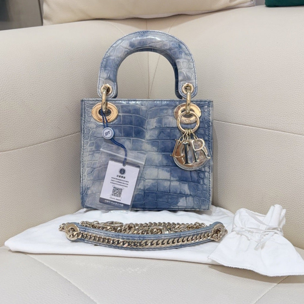 Dior Lady Dior Mini Cloud Blue Crocodile 2-Way Handbag