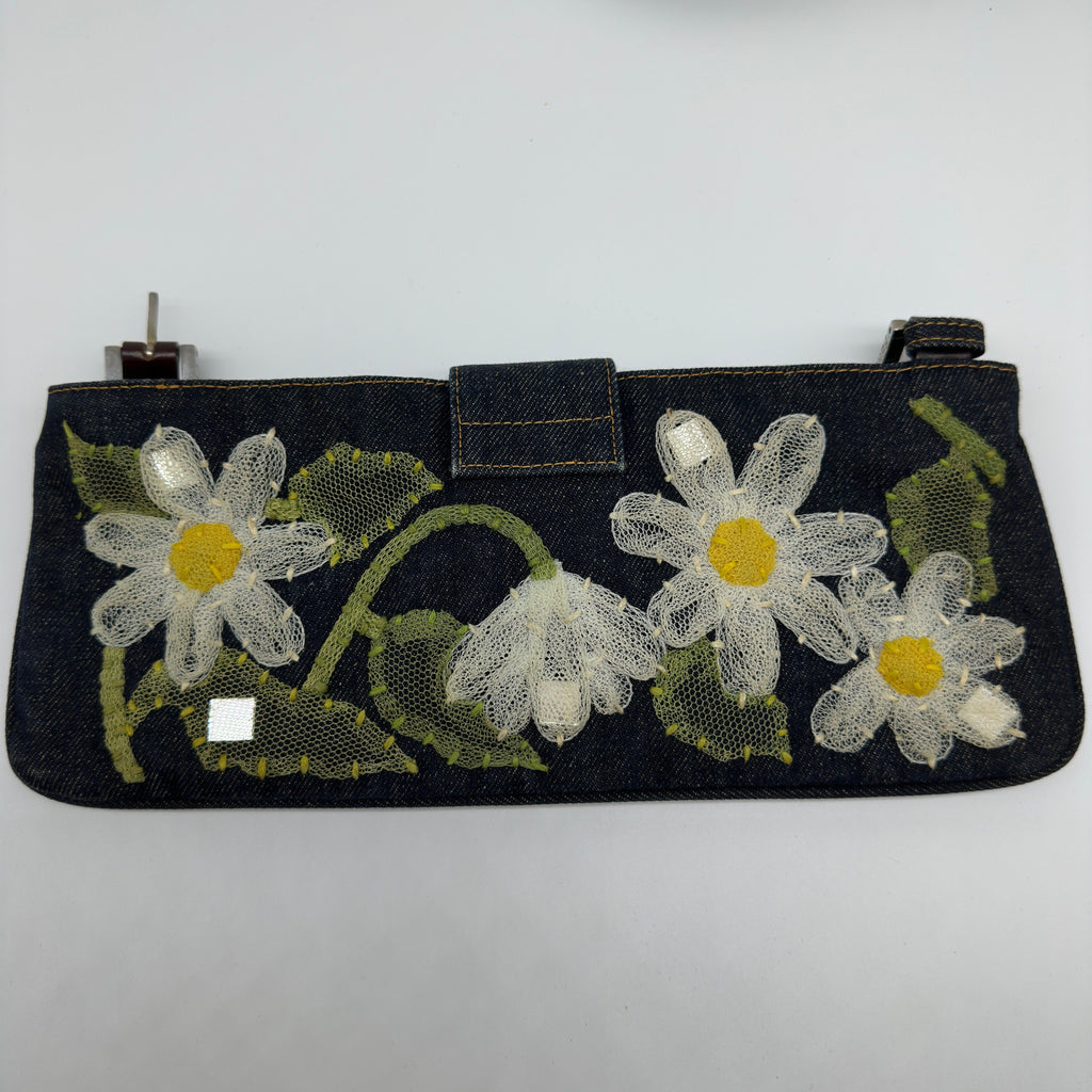 Fendi Floral Embroidered Canvas Mamma Baguette Black Shoulder Bag