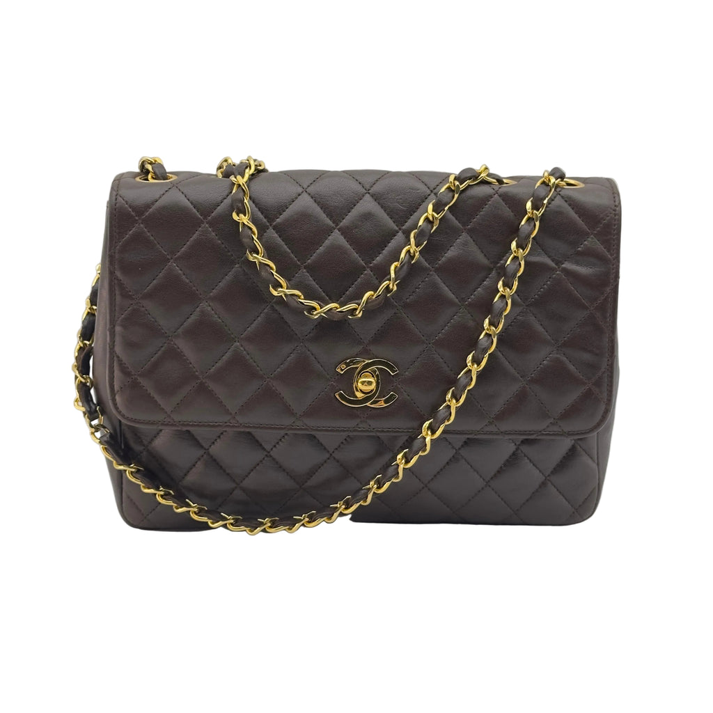 Chanel Quilted Caviar Leather Classic Flap Medium Brown Chain Shoulder Bag