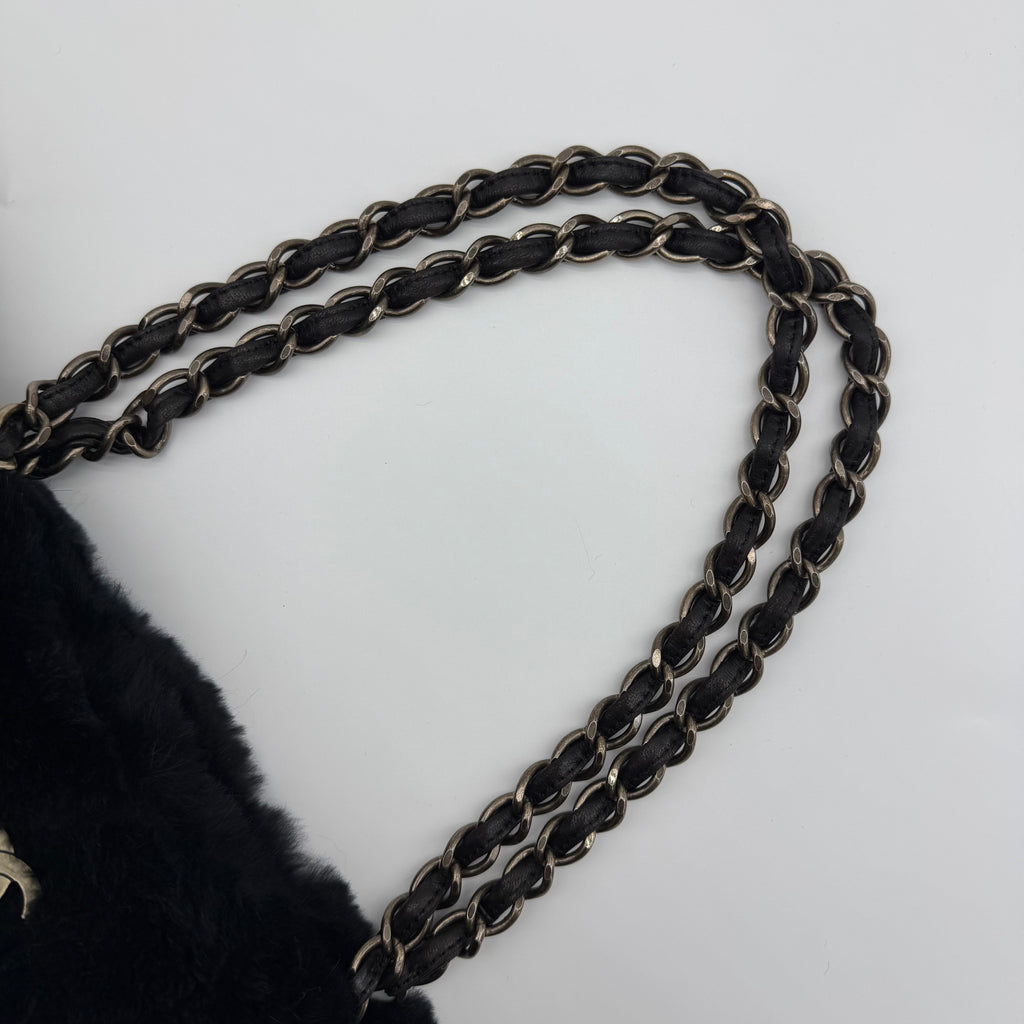 ▼JAPAN ONLY▼CHANEL Rabbit Fur Chain Tote Bag with CC Logo Black 6XXXXXX