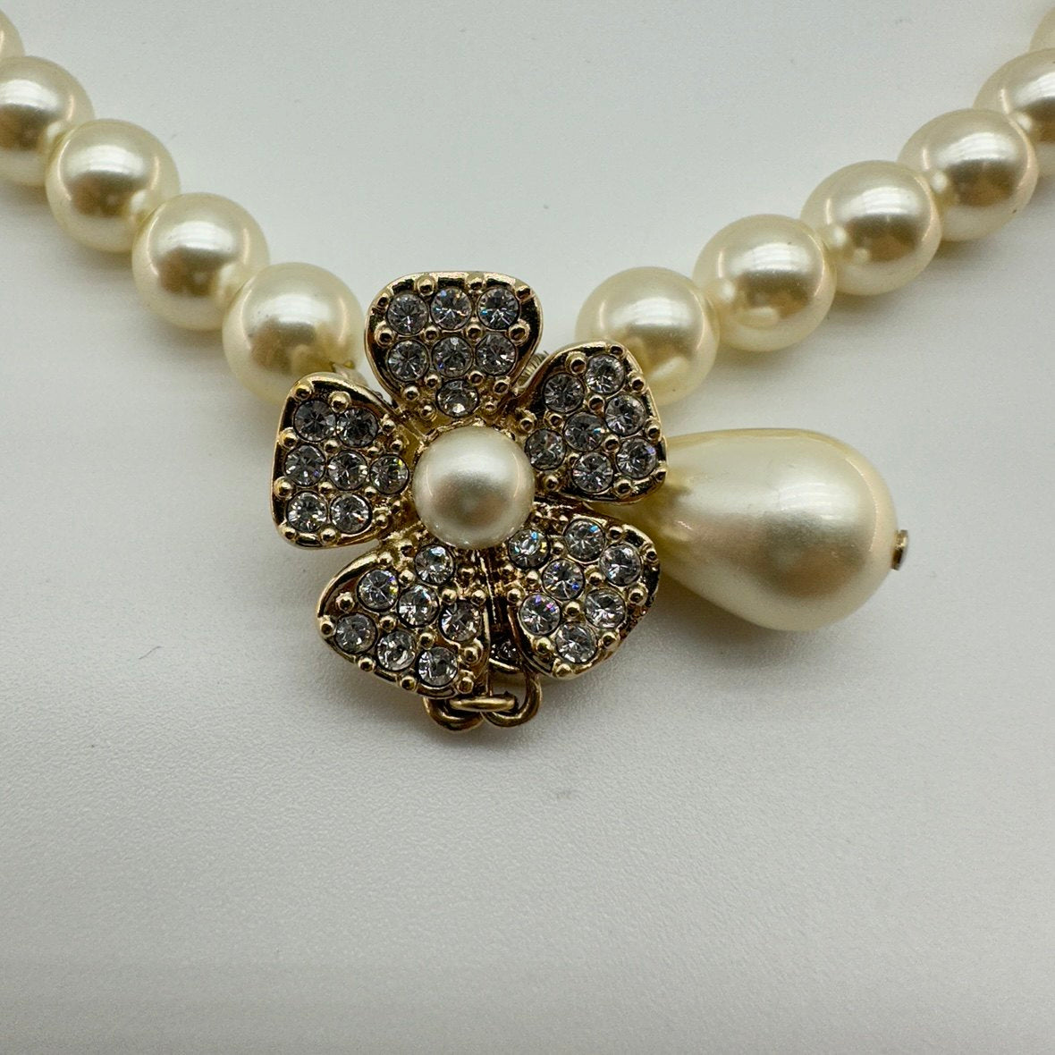 Chanel B23S Faux Pearl Crystal CC Floral Pendant Necklace