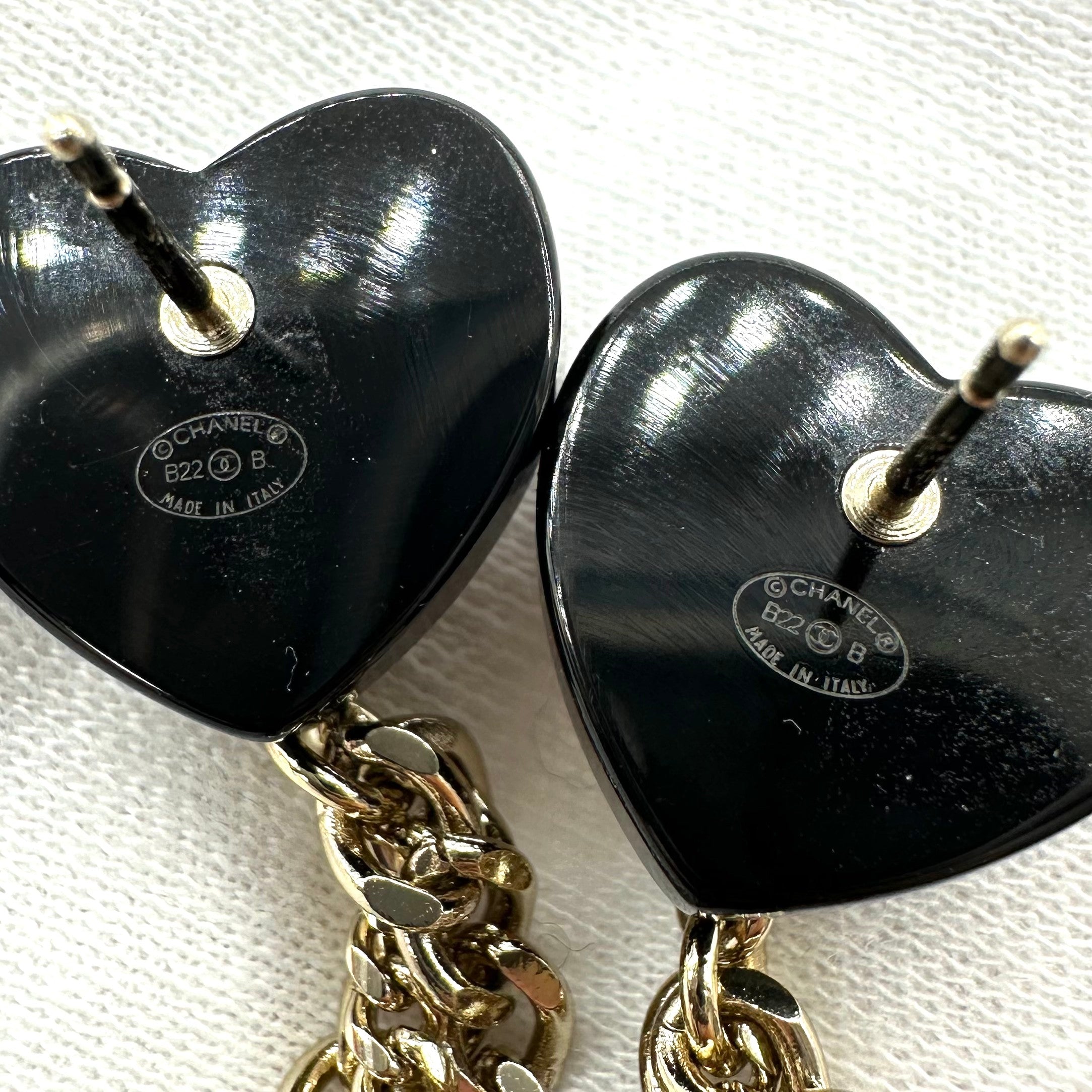 Chanel Black Heart Rhinestone Double CC Tassel Chain Pearl Stud Earrings