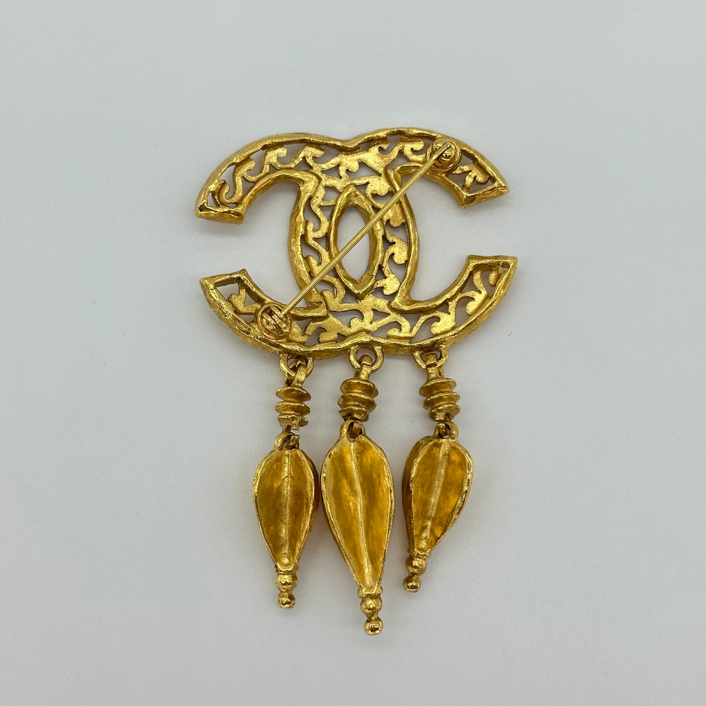 Chanel Vintage Coco Mark Swing Brooch Fringe Brooch Pin Gold 95A