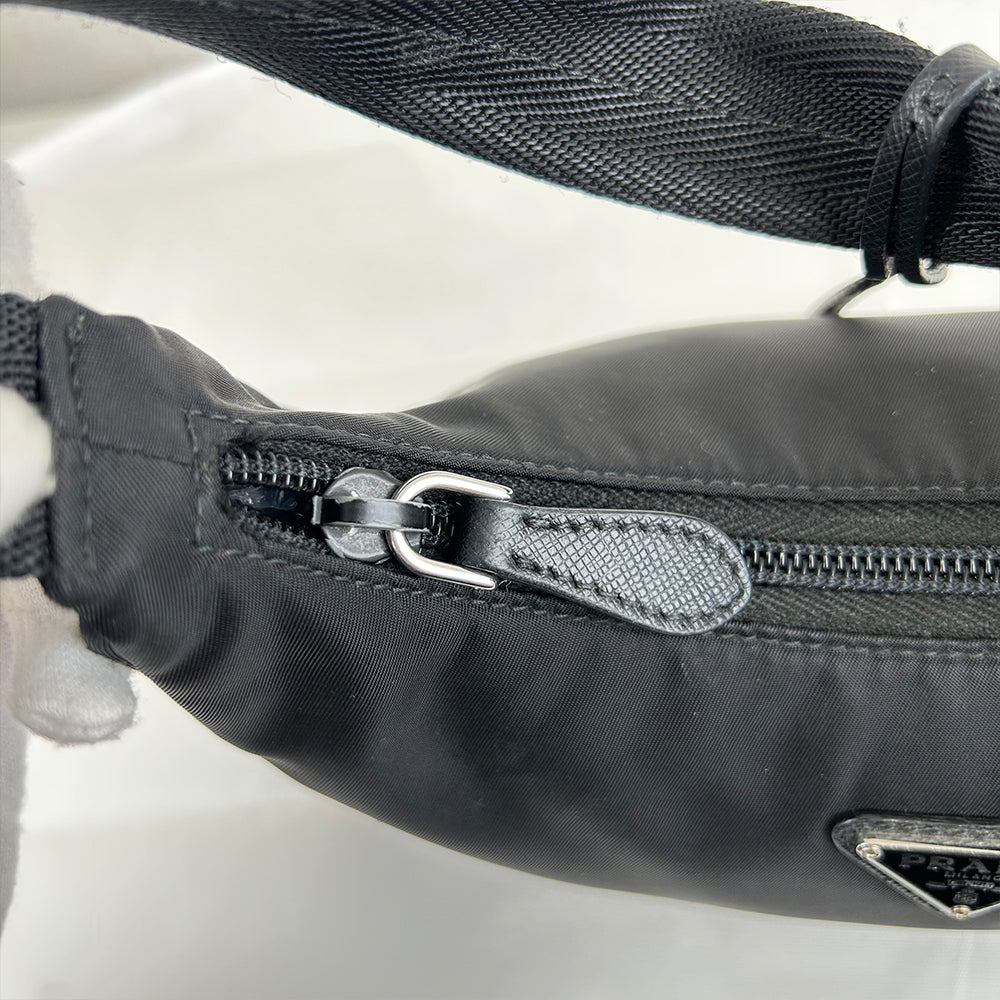 Prada Nylon Hobo Shoulder Bag Black Silver Triangle Logo Top Handle Bag
