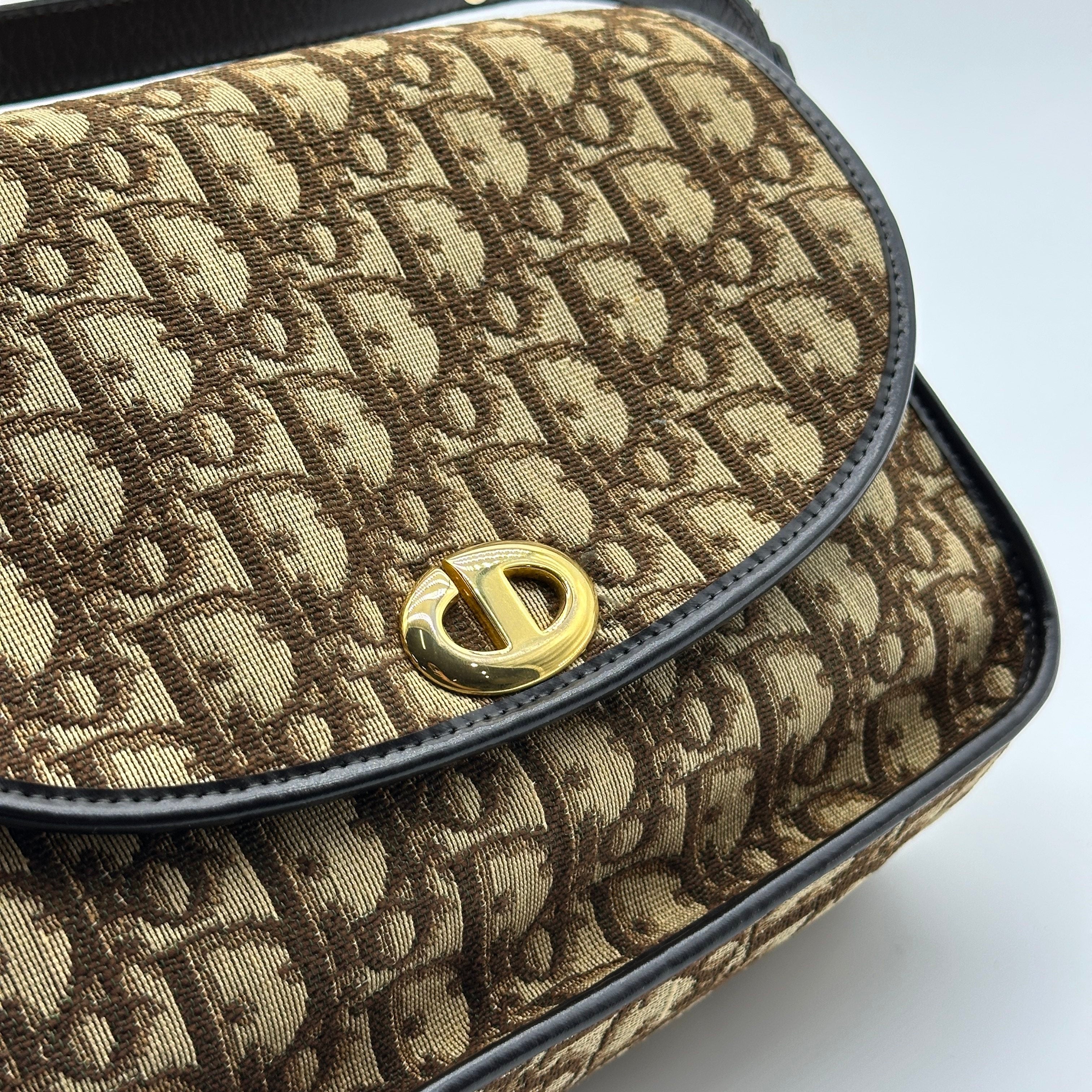 pre-owned christian dior trotter canvas shoulder bag beige gold