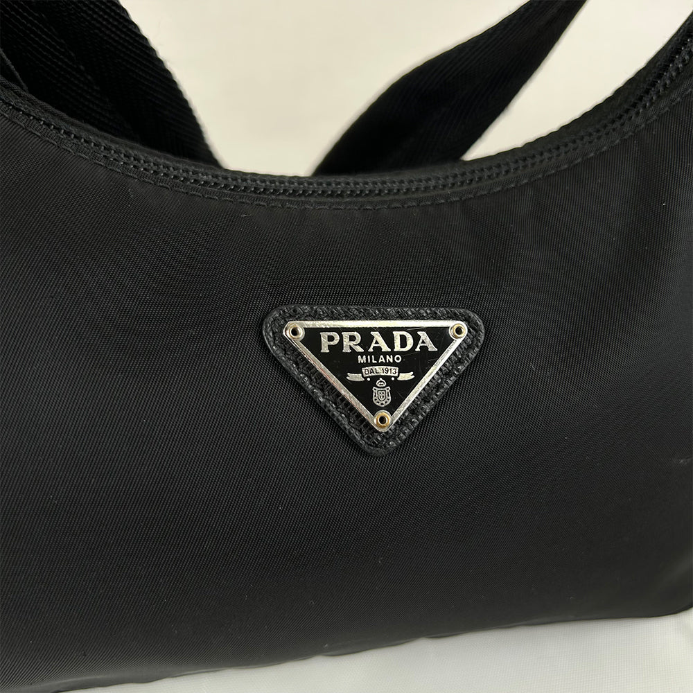 Prada Nylon Hobo Shoulder Bag Black Silver Triangle Logo Top Handle Bag