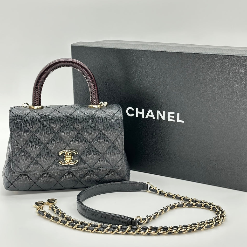 CHANEL Matelassé Coco Handle XXS Caviar Skin Black GD Hardware Handbag