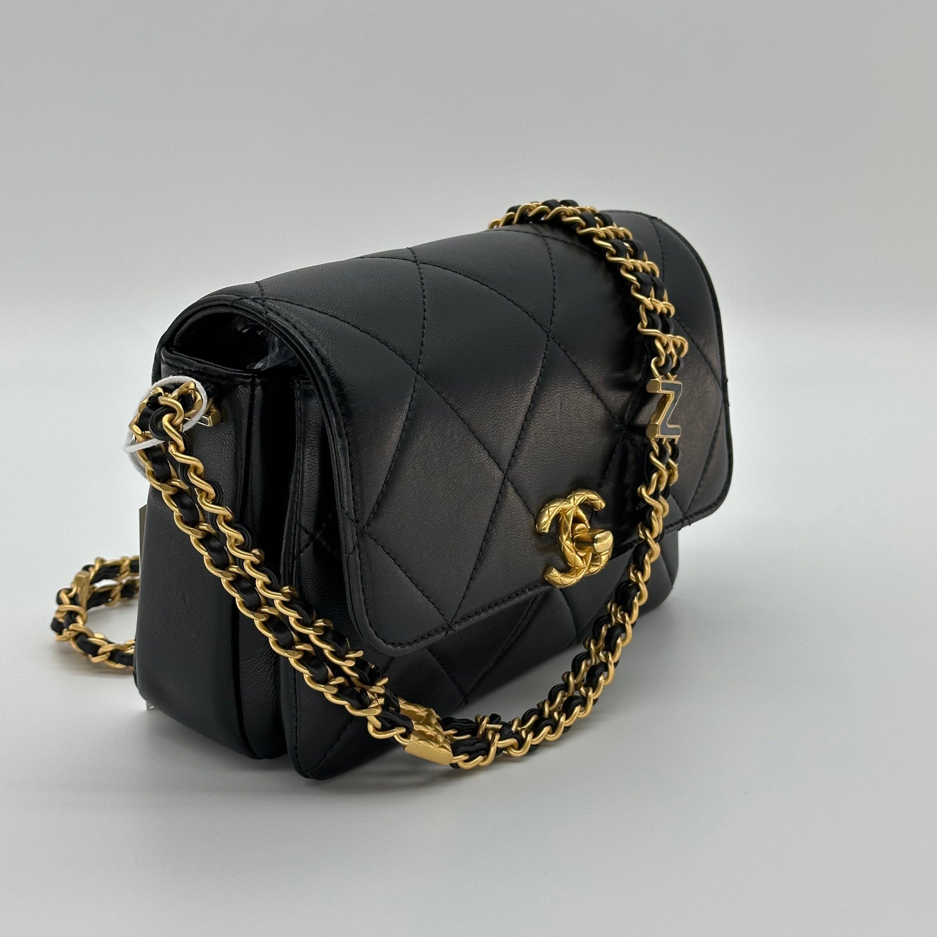Chanel 24S Lambskin Double Chain Square Flap Bag Enamel Coco Logo Black Gold Hardware RFID