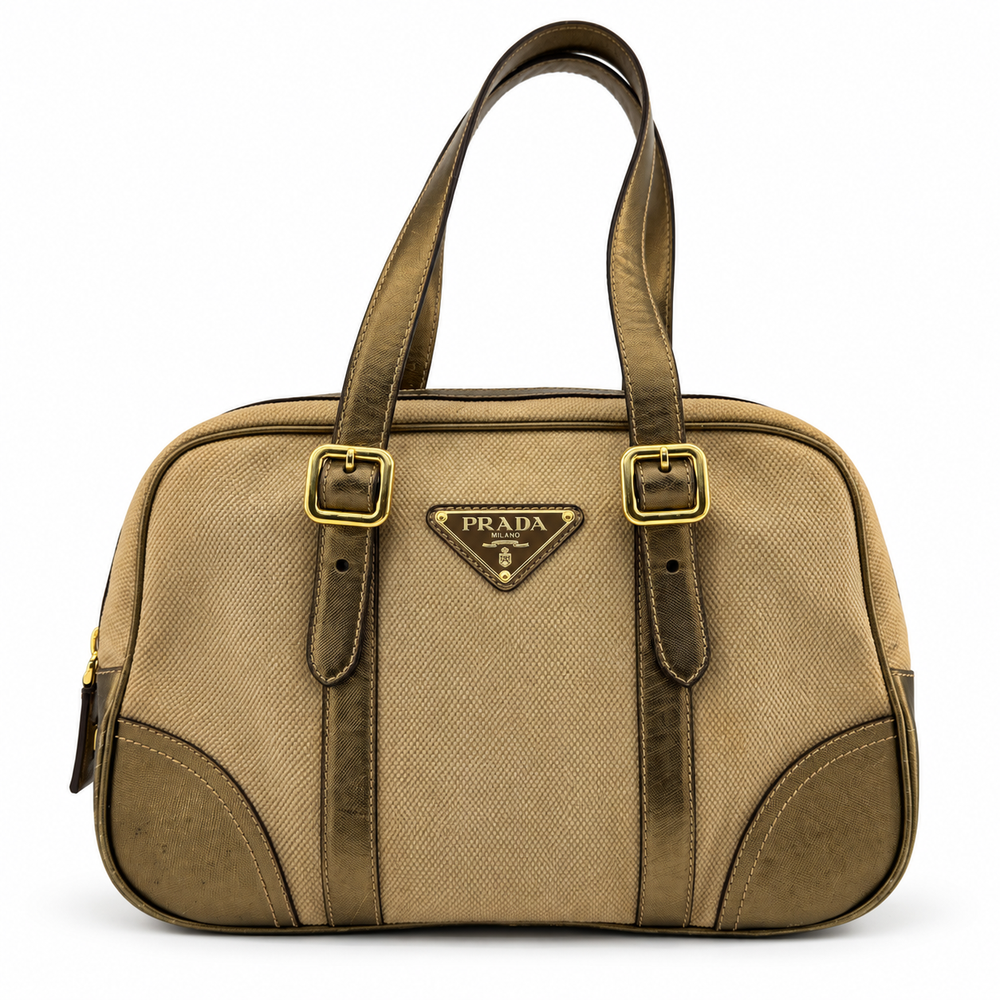 Prada Saffiano Trimmed Gold Bowling Handle Bag Gold Hardware