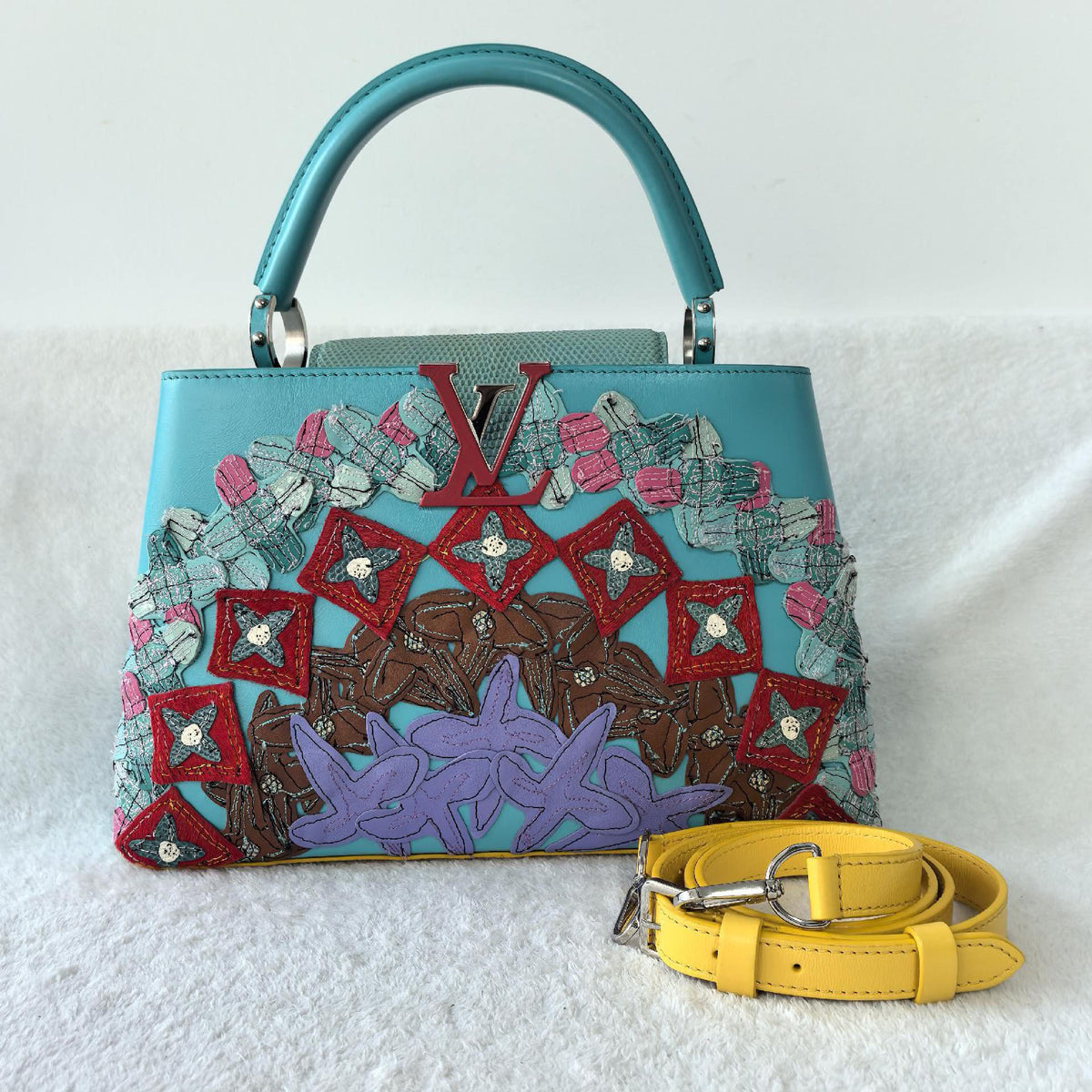 Louis Vuitton Capucines Small Lizard Leather Patchwork Handbag Turquoise Multicolor