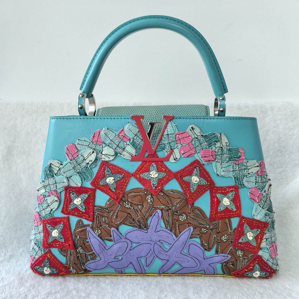 Louis Vuitton Capucines Small Lizard Leather Patchwork Handbag Turquoise Multicolor