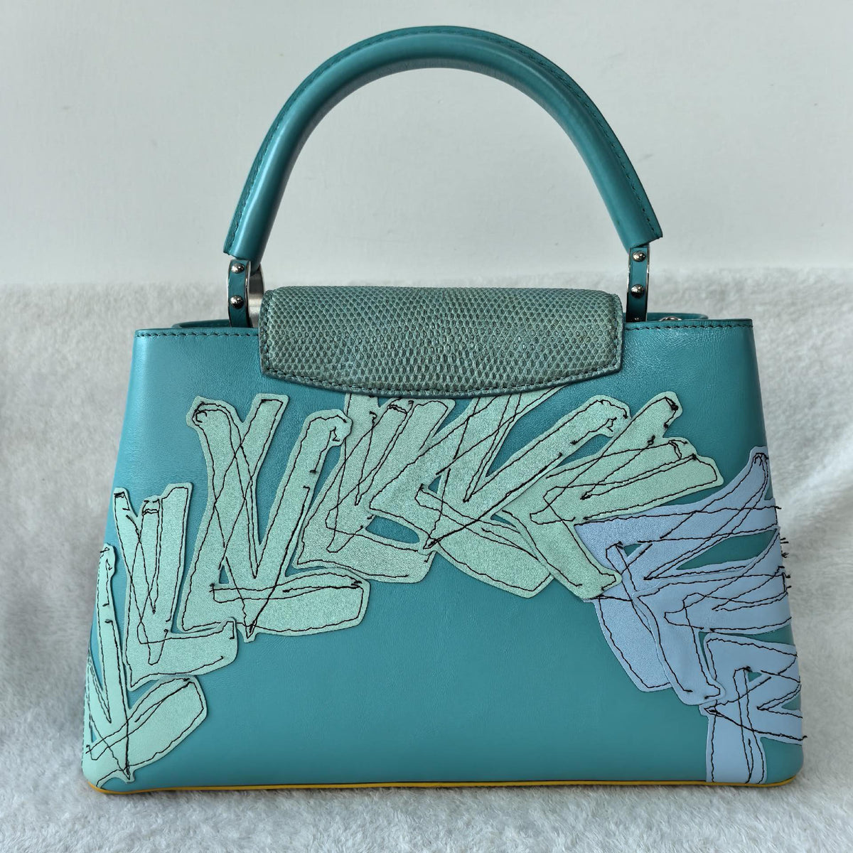 Louis Vuitton Capucines Small Lizard Leather Patchwork Handbag Turquoise Multicolor