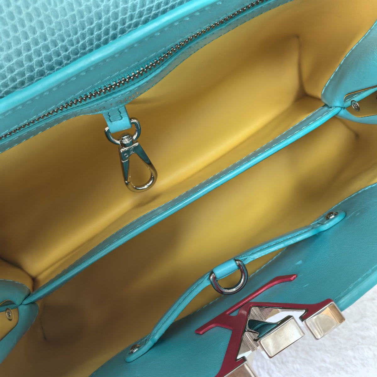 Louis Vuitton Capucines Small Lizard Leather Patchwork Handbag Turquoise Multicolor