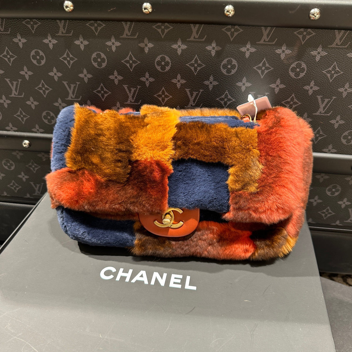 Chanel Medium Classic Flap Rabbit Fur Patchwork Shoulder Bag Multicolor