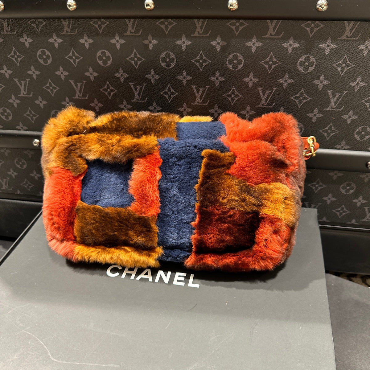 Chanel Medium Classic Flap Rabbit Fur Patchwork Shoulder Bag Multicolor