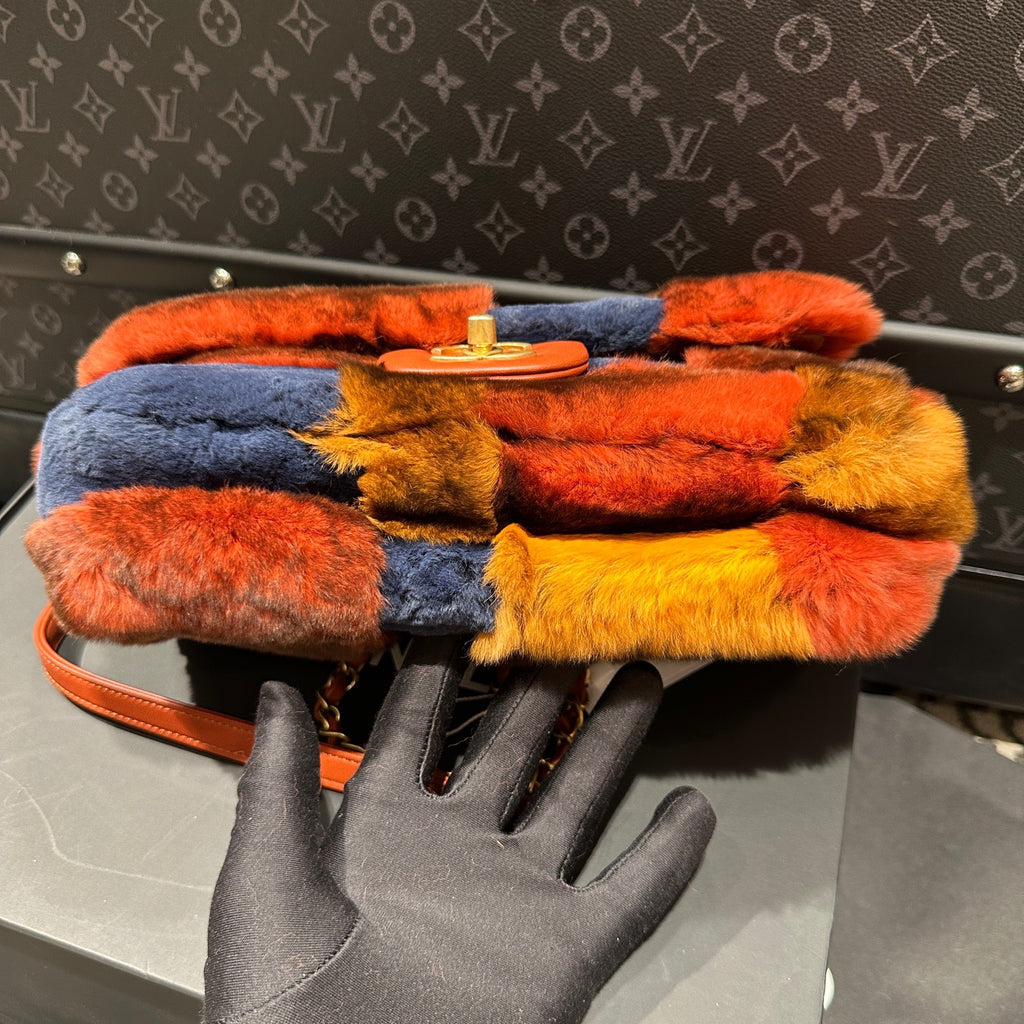 Chanel Medium Classic Flap Rabbit Fur Patchwork Shoulder Bag Multicolor