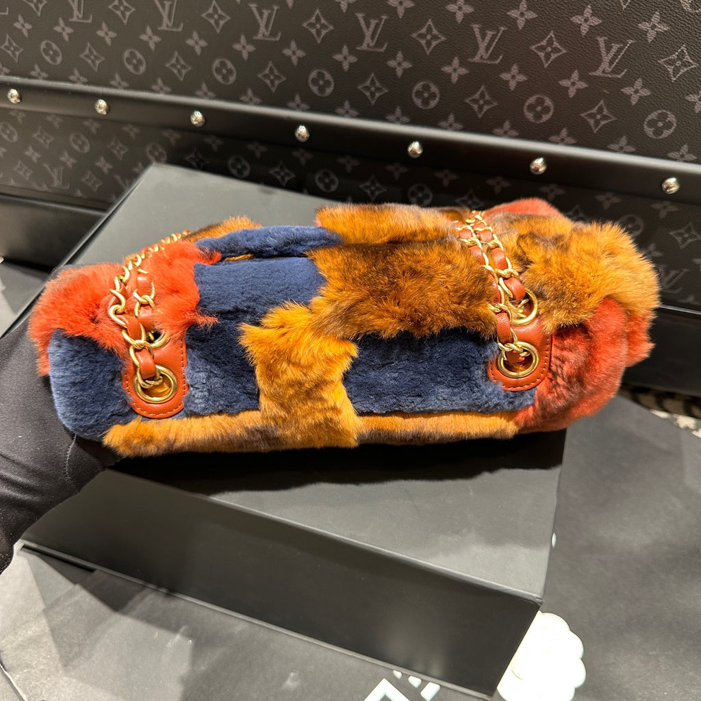 Chanel Medium Classic Flap Rabbit Fur Patchwork Shoulder Bag Multicolor