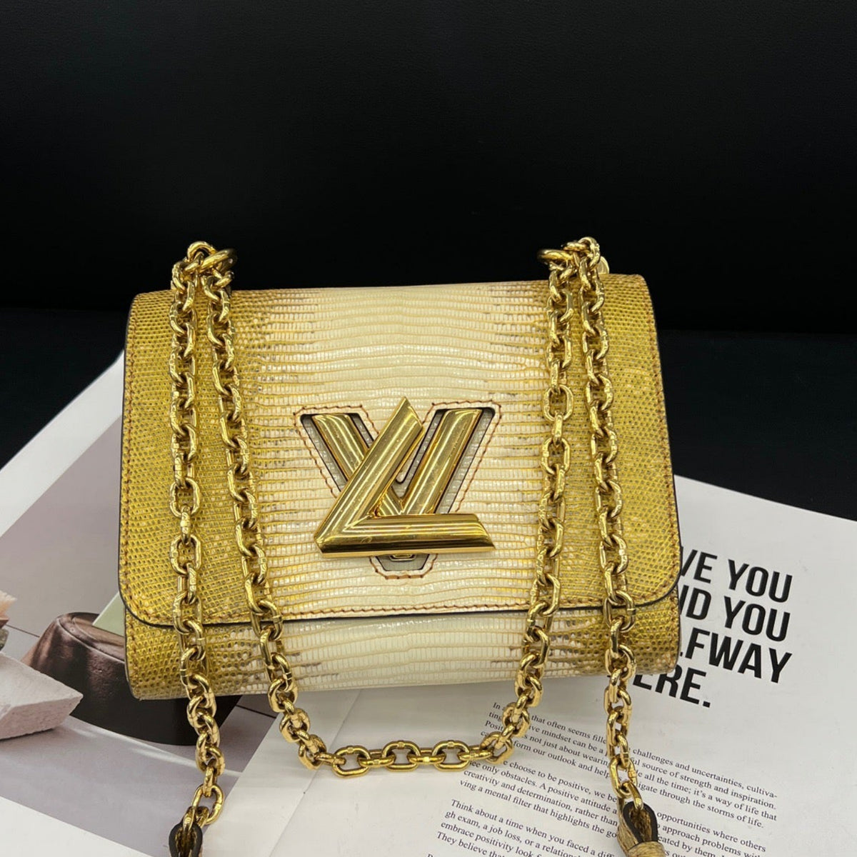Louis Vuitton Twist Lizard Leather Chain Shoulder Bag Gold and Cream