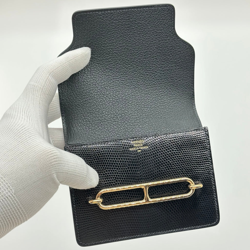 Hermès Roulis Slim Wallet Black Lizard Leather Gold Hardware Stamp D with Precious Leather Certificate No Coin Pocket