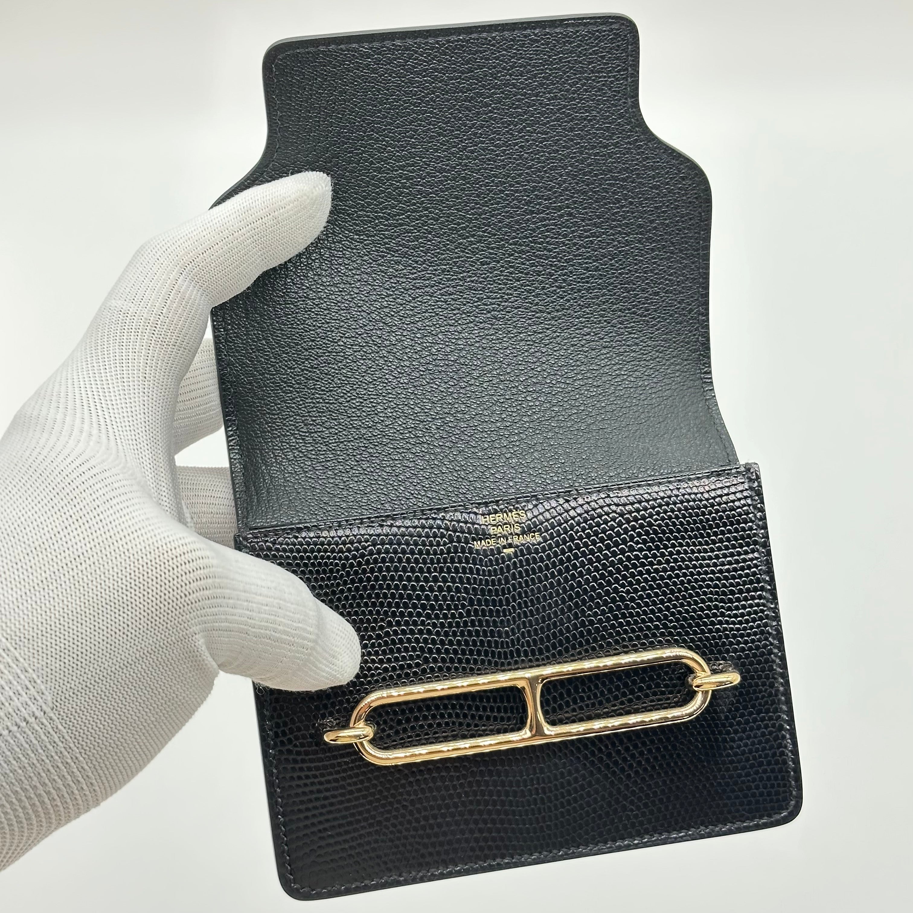 Hermès Roulis Slim Wallet Black Lizard Leather Gold Hardware Stamp D with Precious Leather Certificate No Coin Pocket
