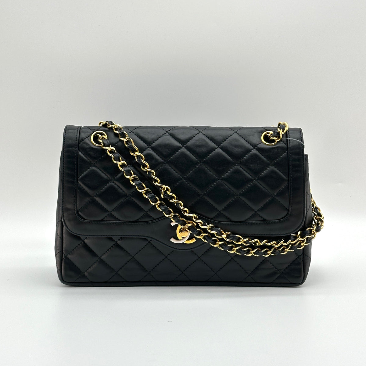 Chanel Matelasse Lambskin Double Flap Double Chain Bag Paris limited Black Gold Metal Fittings 0117900 0 series