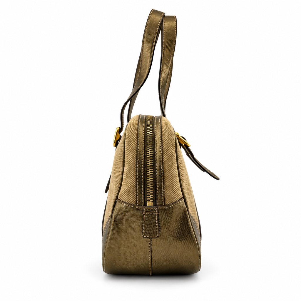 Prada Saffiano Trimmed Gold Bowling Handle Bag Gold Hardware