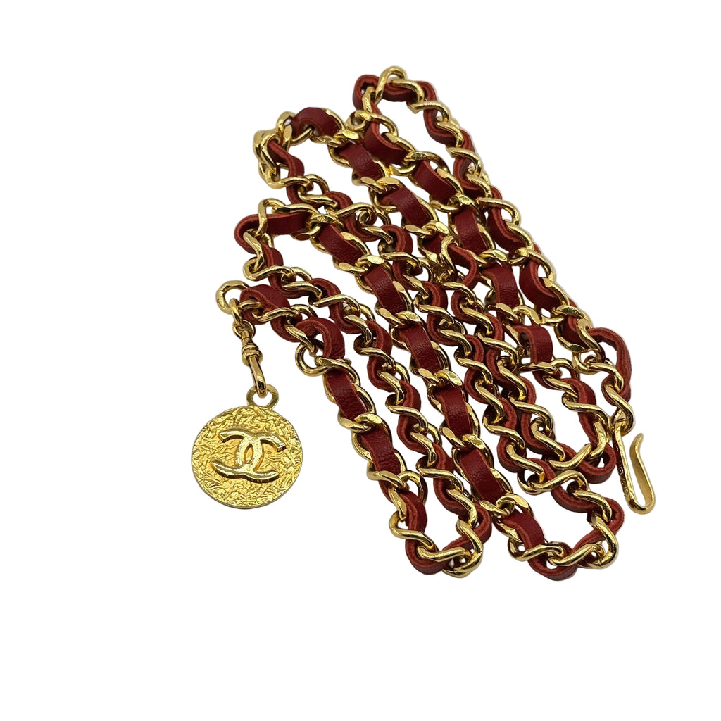 Chanel Gold Leather Chain Coco Mark Red Belt