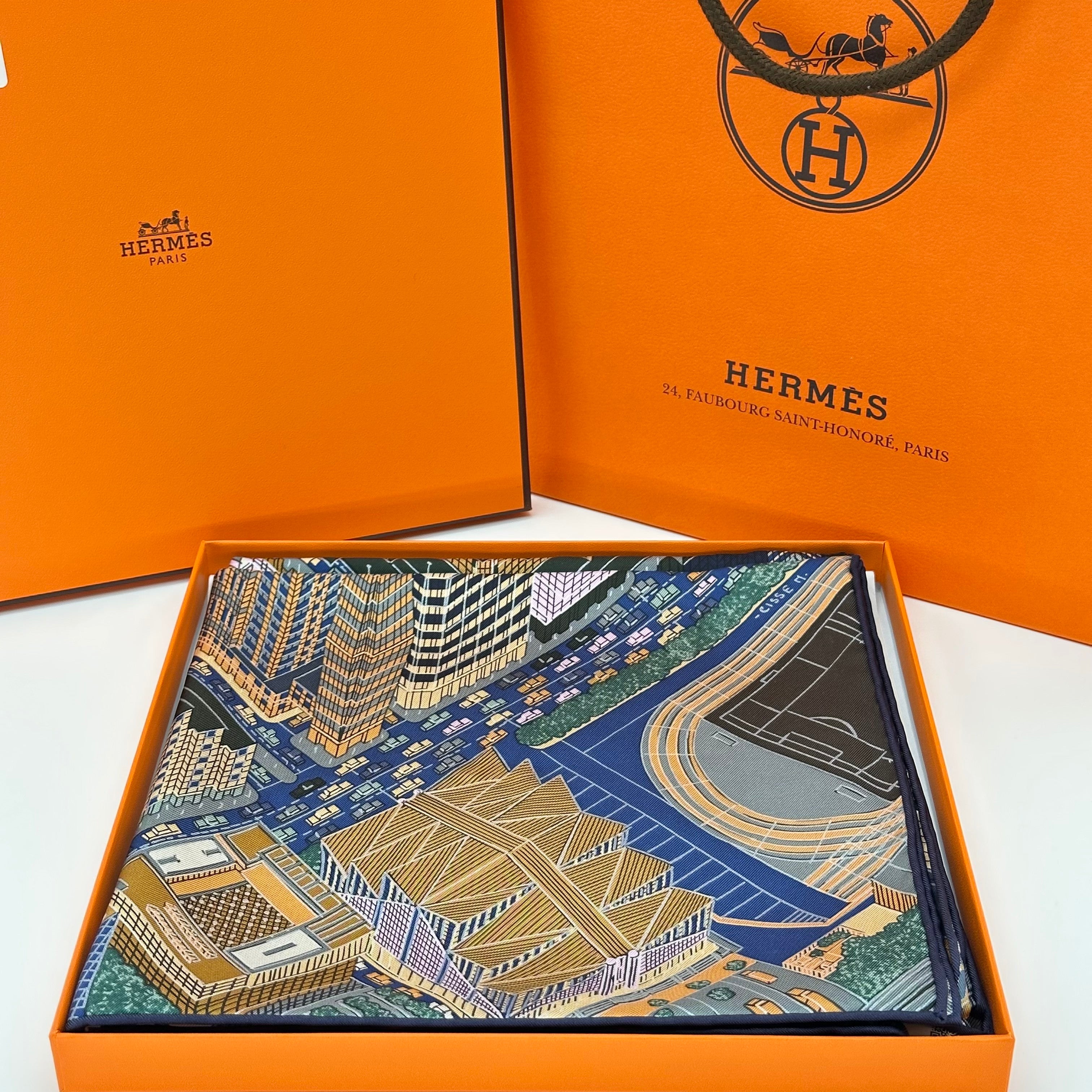 Hermès Carré 90 Pantin City Silk Scarf Navy