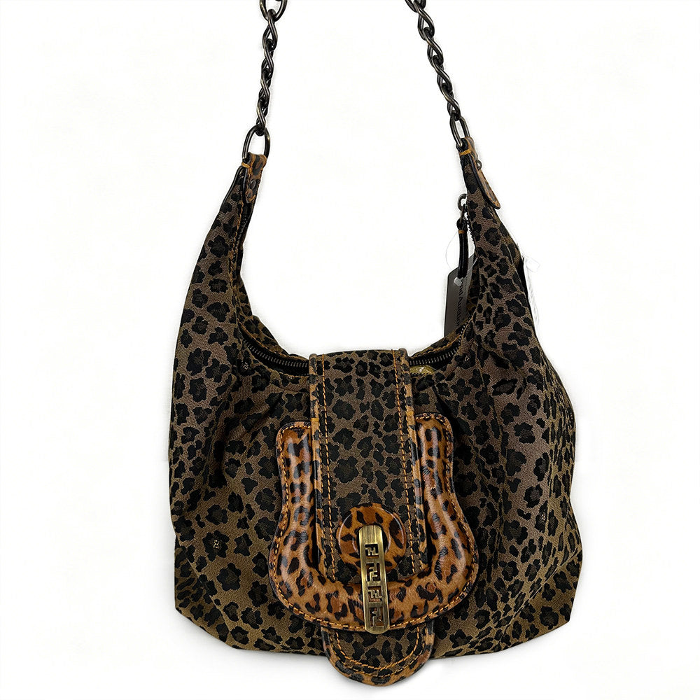 Fendi Leopard Print Canvas Shoulder Bag with Leather Chain Strap