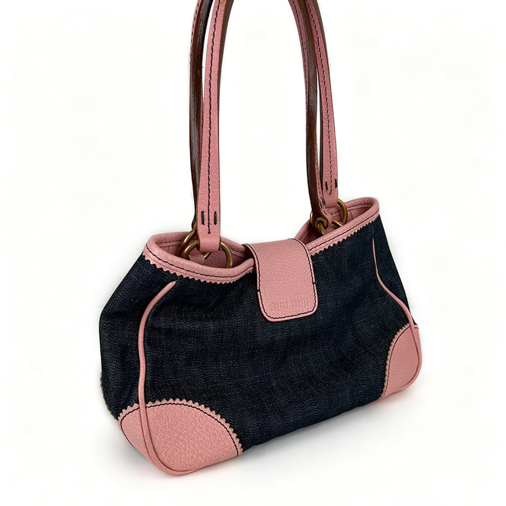 Miu Miu Denim Leather Tote Bag Gold Coin Hardware Pink 2Way Shoulder Handbag Casual Bag
