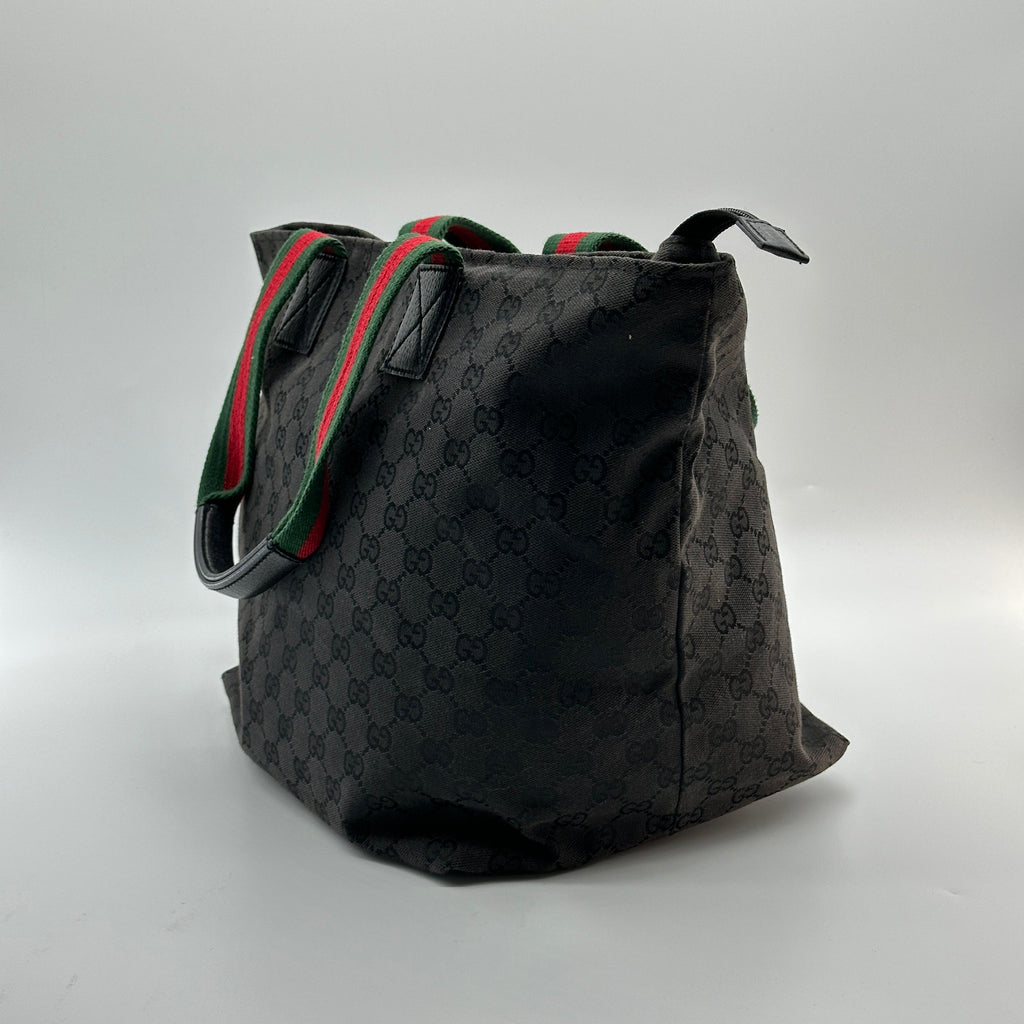 Gucci GG Canvas Leather Black Web Stripe Tote Bag