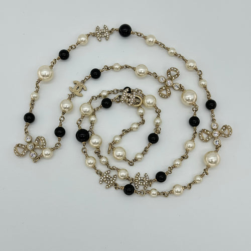 Chanel Black and White Pearl Necklace Sweater Chain