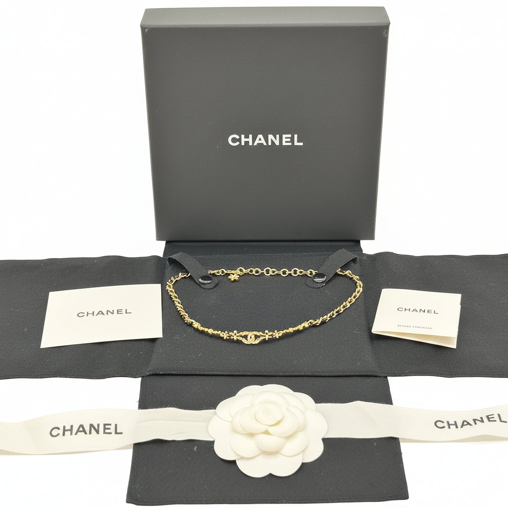 Chanel Leather Chain Choker with Double CC Rhinestone Logo Necklace