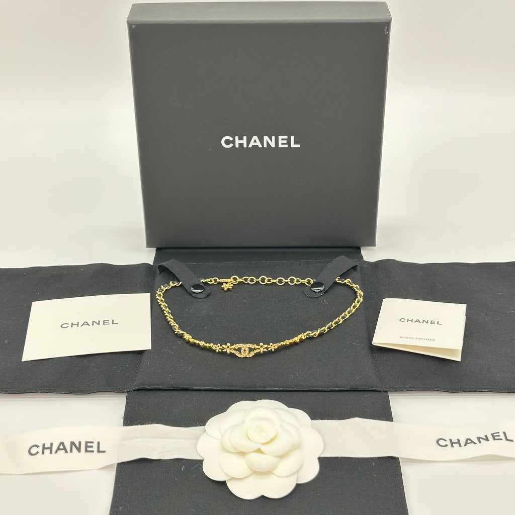 Chanel Leather Chain Choker with Double CC Rhinestone Logo Necklace