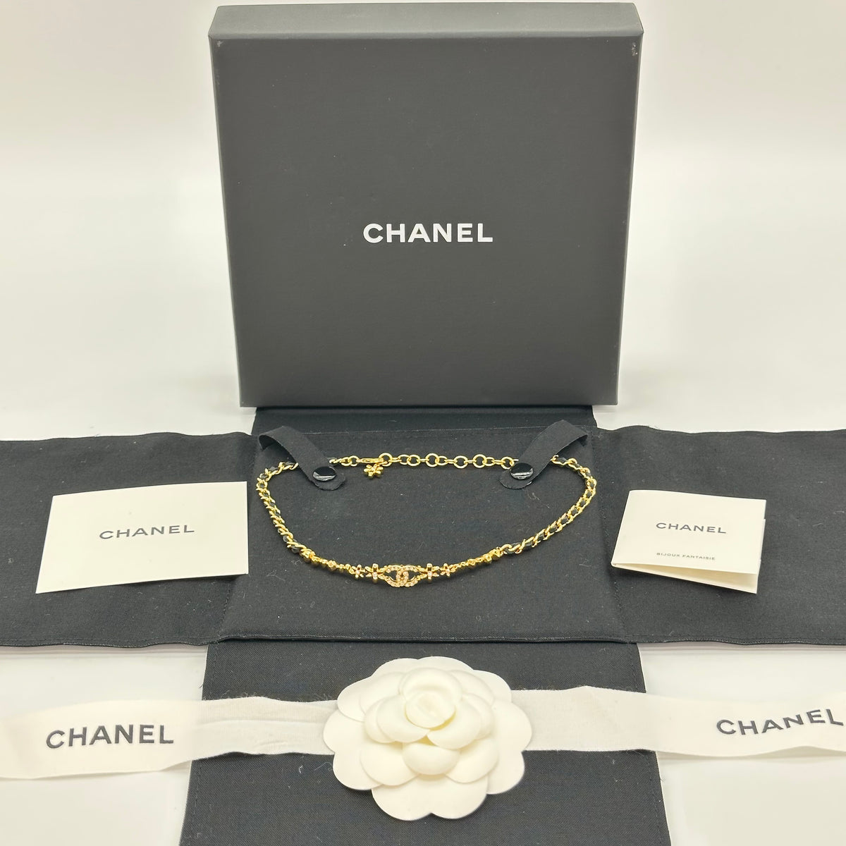 Chanel Leather Chain Choker with Double CC Rhinestone Logo Necklace