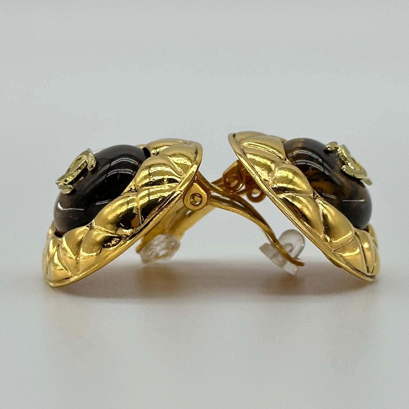 CHANEL Earrings Coco Mark Metal/Stone Gold/Brown Women's Free Shipping
