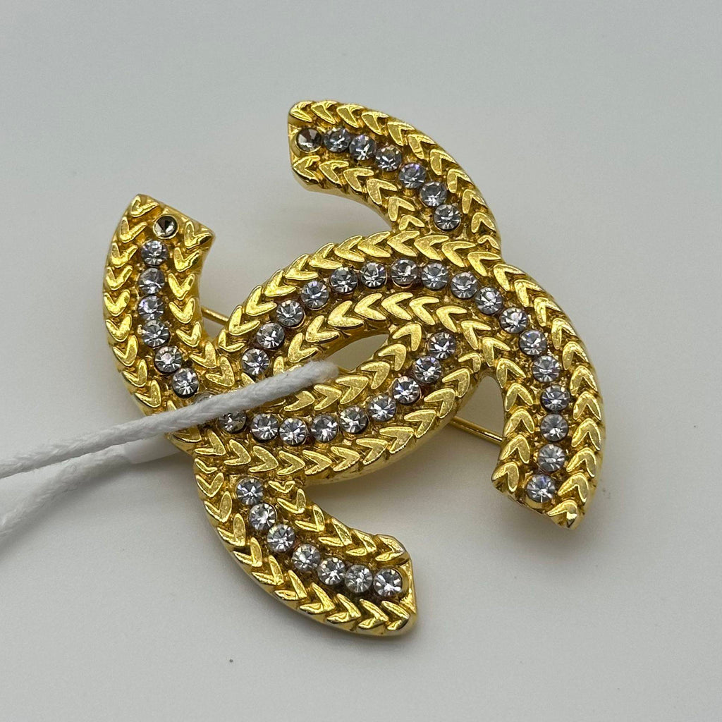 Chanel Gold Wheat Trim Rhinestone Double C Logo Brooch
