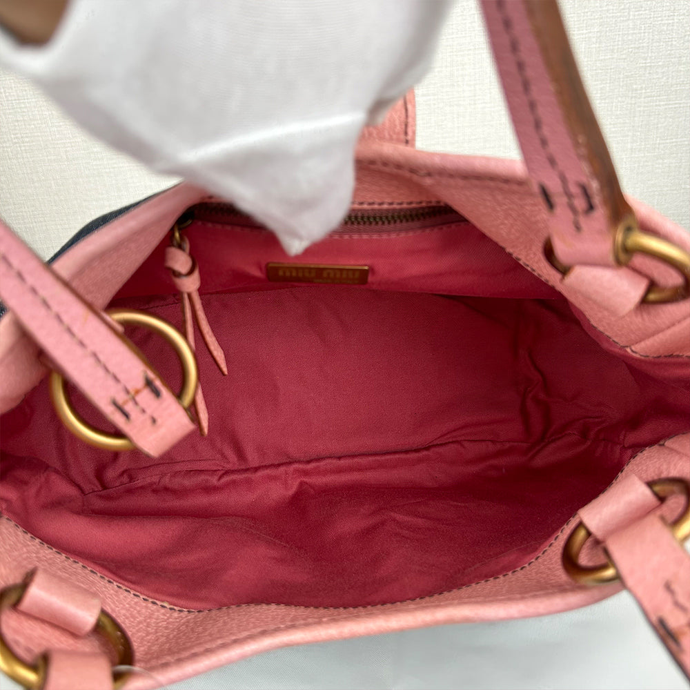 Miu Miu Denim Leather Tote Bag Gold Coin Hardware Pink 2Way Shoulder Handbag Casual Bag