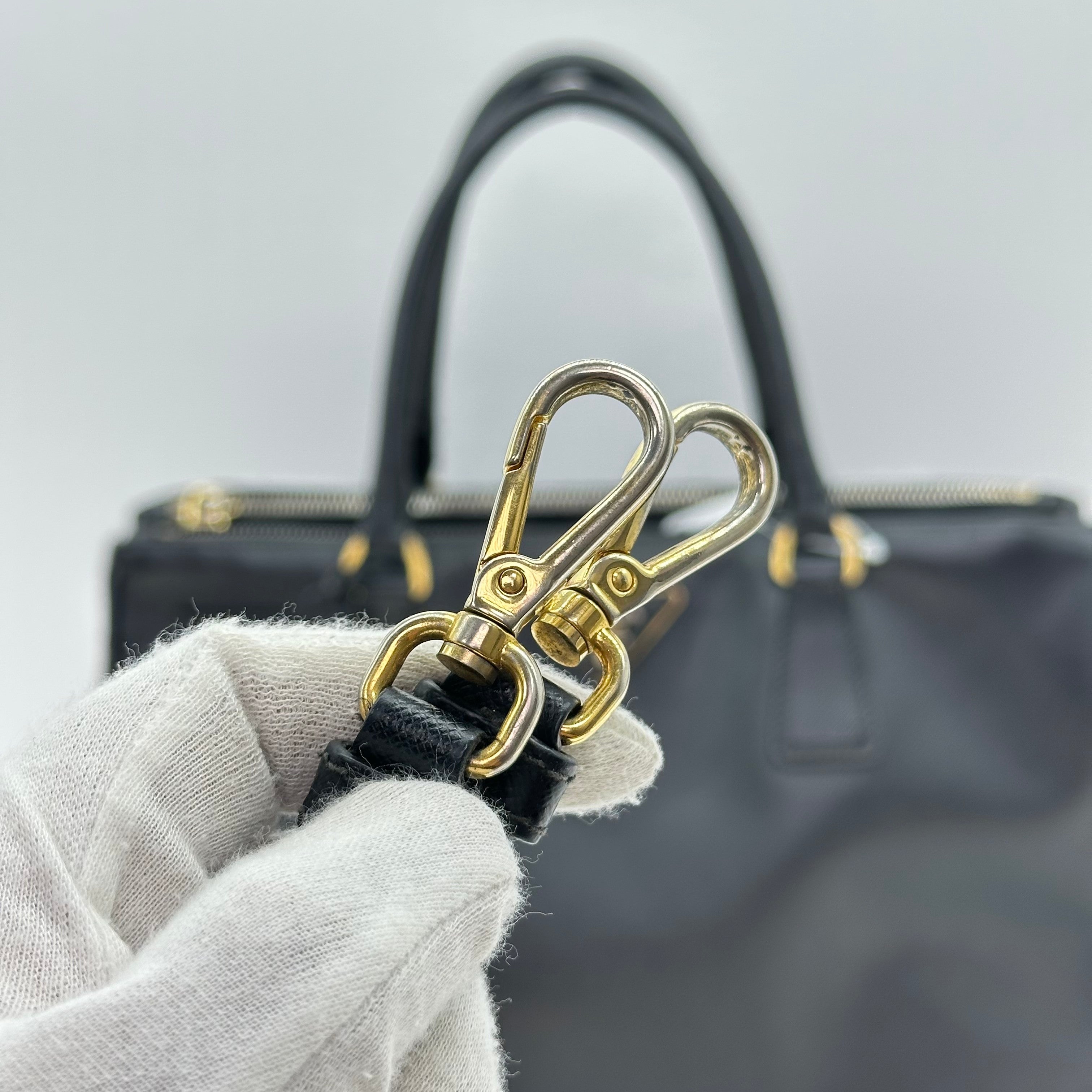 Prada Galleria Saffiano 2Way Handbag Shoulder Bag Black Gold