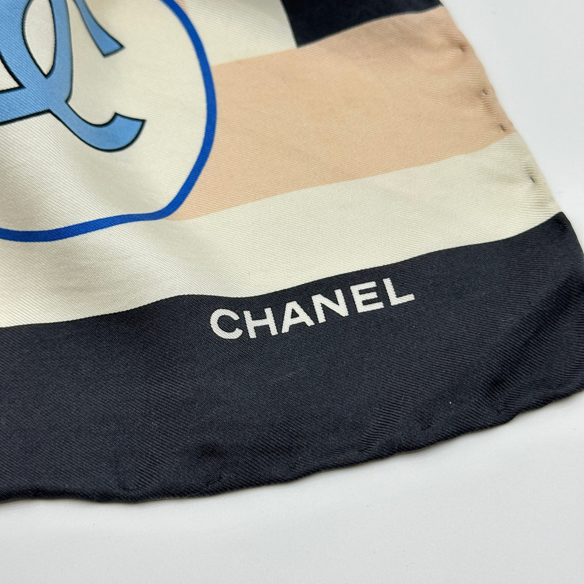 Chanel Paris Labels Print Black Beige Silk Scarf
