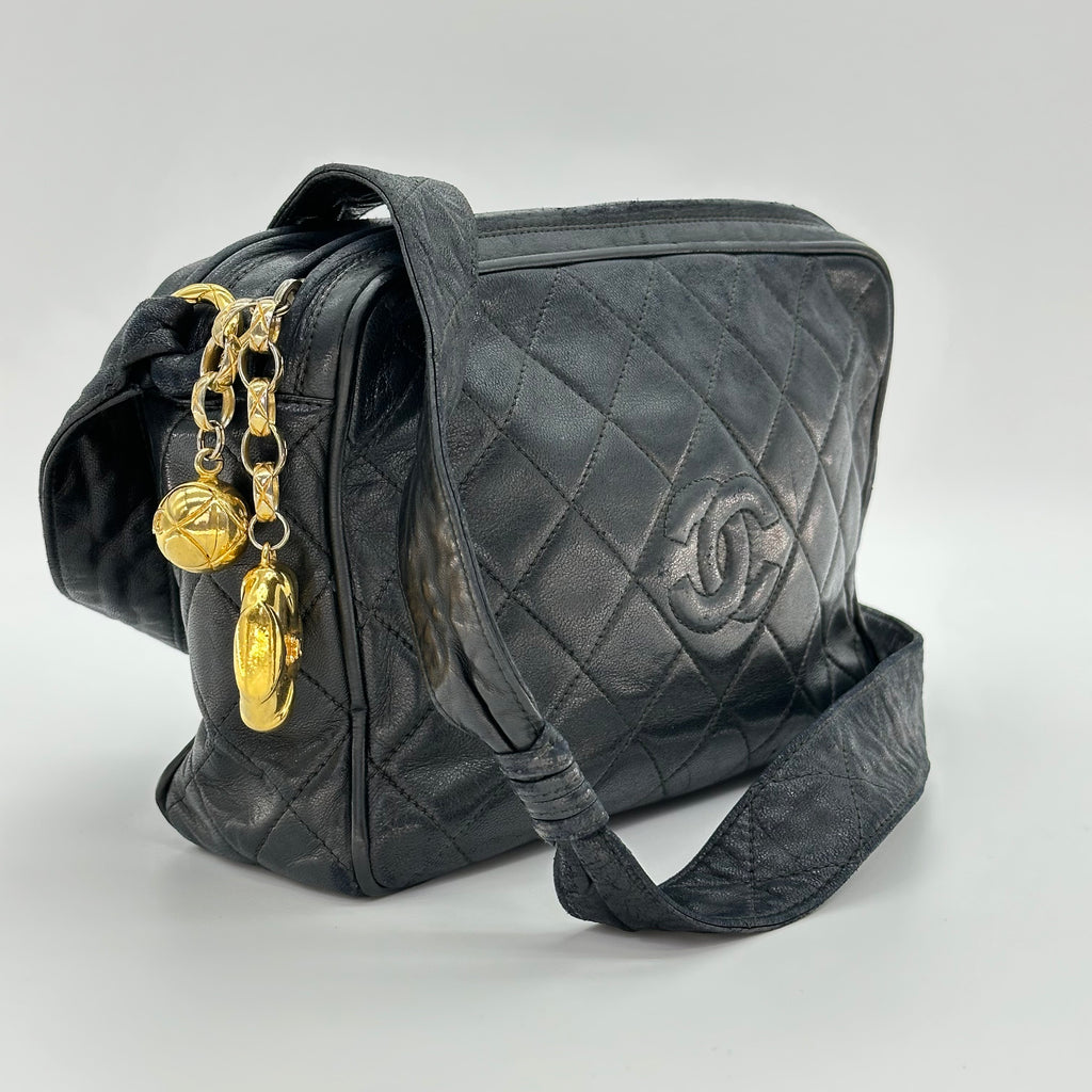 CHANEL Matelassé 2nd Series Camera Bag Lambskin Black Gold Hardware Charm Shoulder Bag