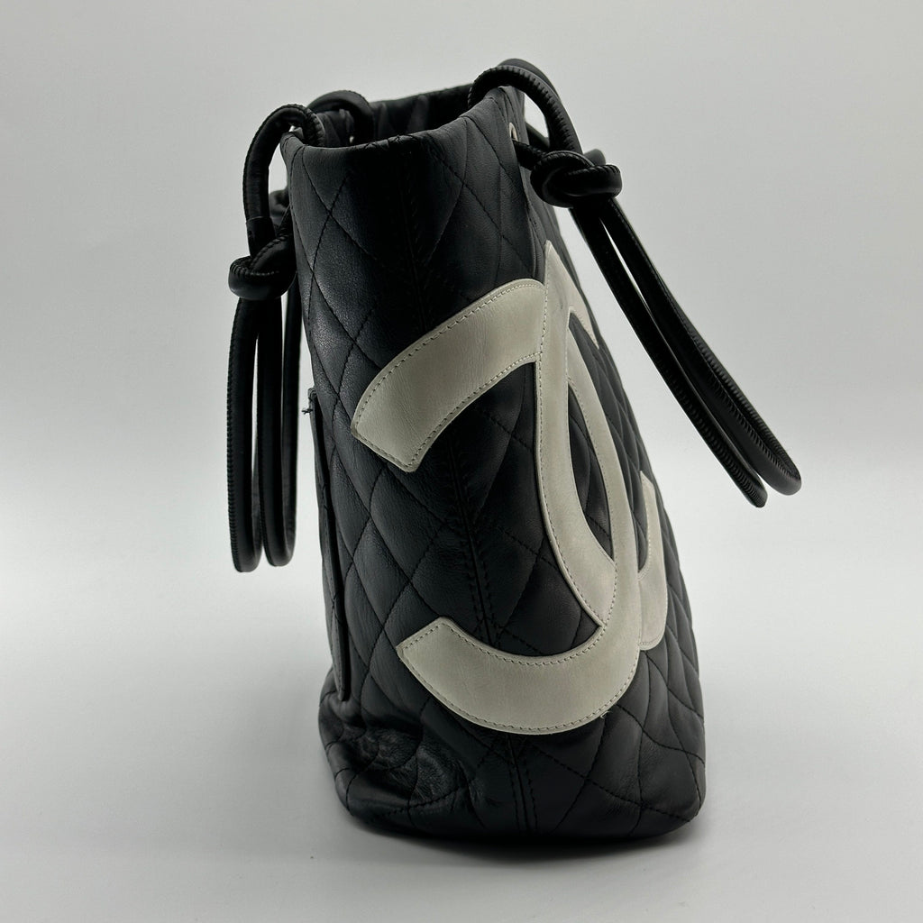 Chanel Cambon Line Lambskin Tote bag Black × White Silver Metal Fittings