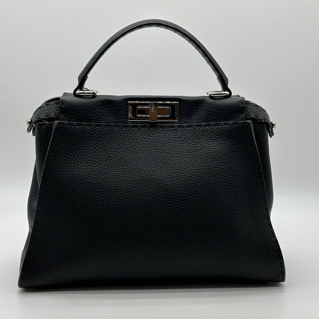 Fendi Peekaboo Regular Size Selleria Calfskin Leather 2WAY Handbag Shoulder Bag Black