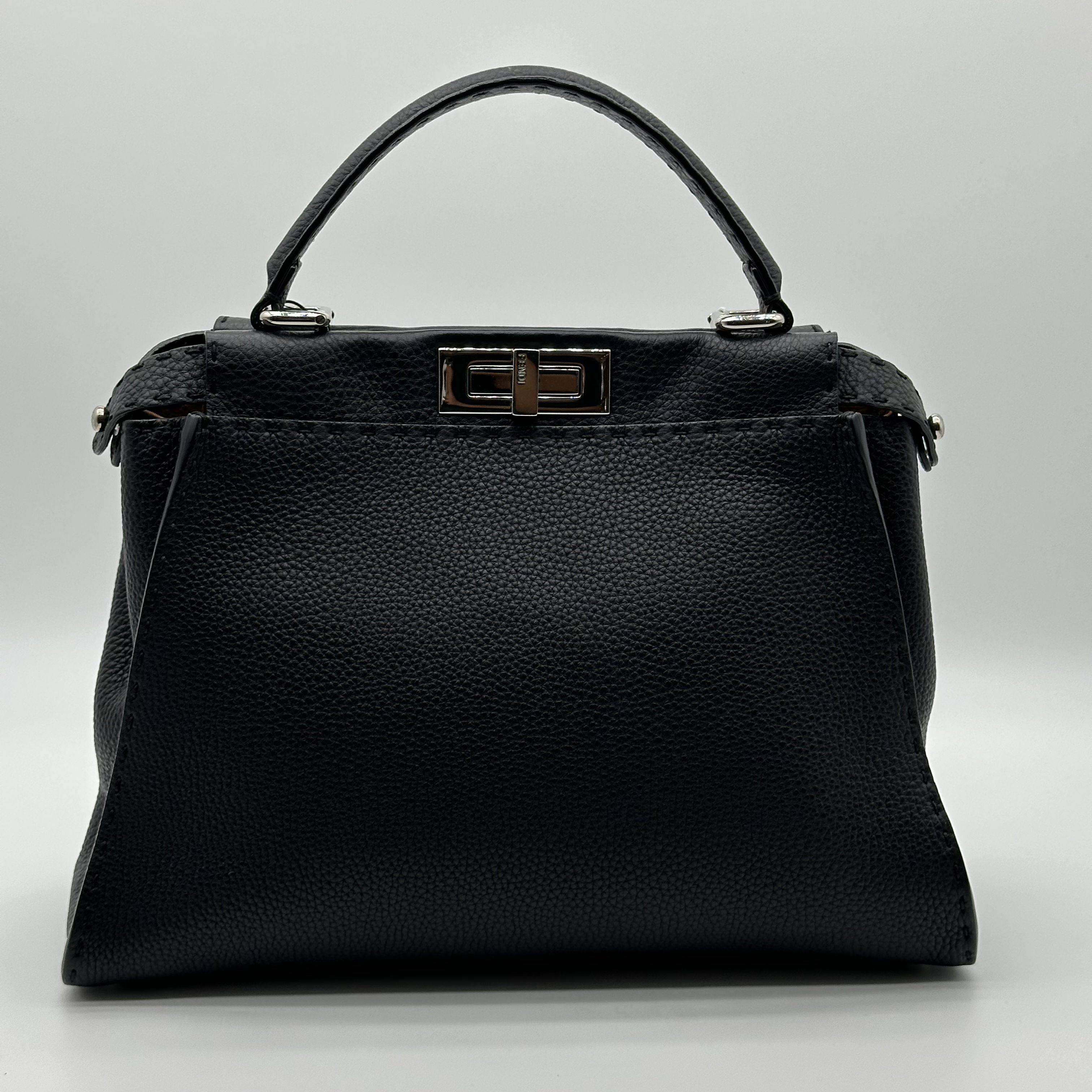 Fendi Peekaboo Regular Size Selleria Calfskin Leather 2WAY Handbag Shoulder Bag Black