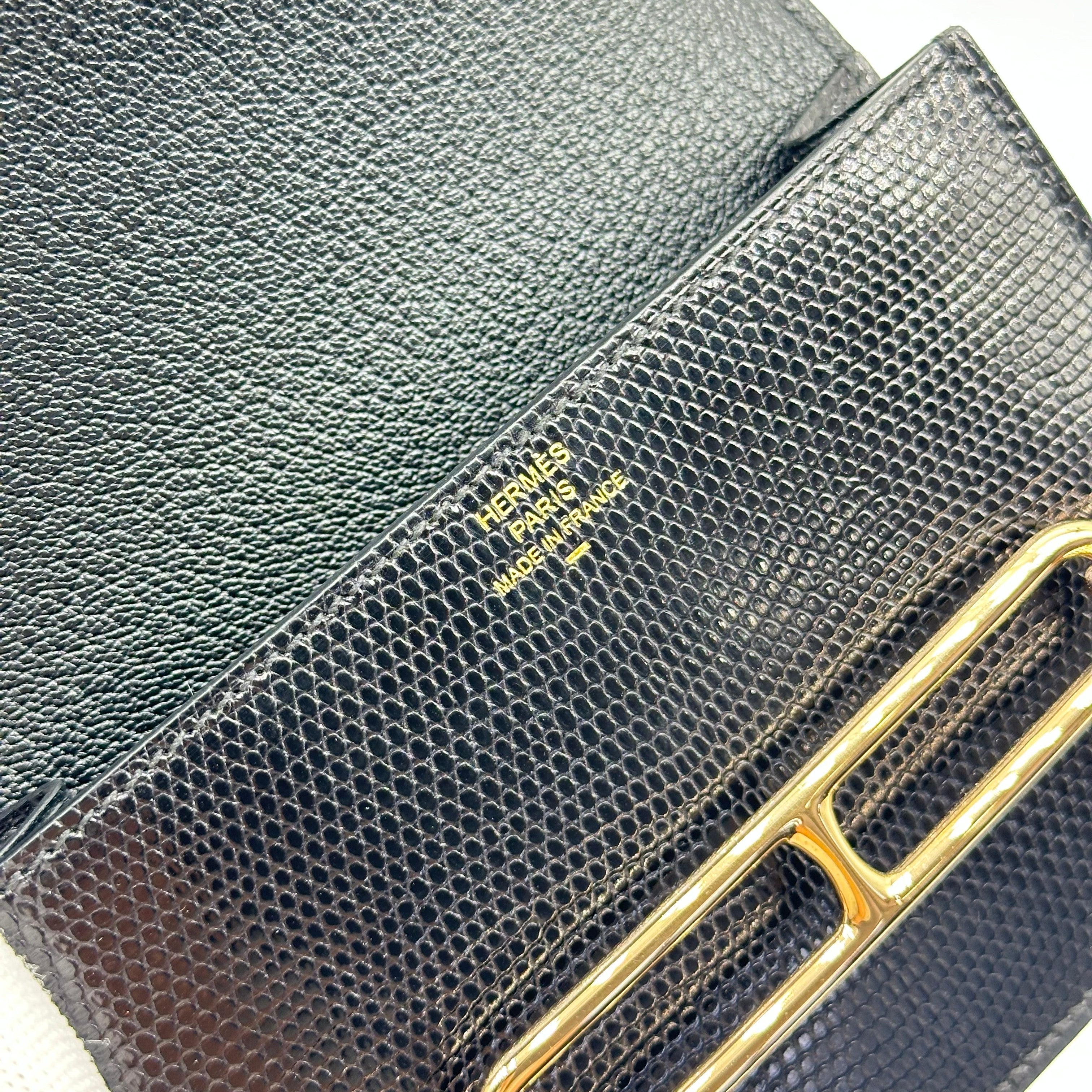 Hermès Roulis Slim Wallet Black Lizard Leather Gold Hardware Stamp D with Precious Leather Certificate No Coin Pocket