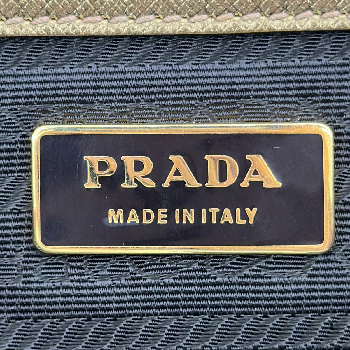 Prada Saffiano Trimmed Gold Bowling Handle Bag Gold Hardware