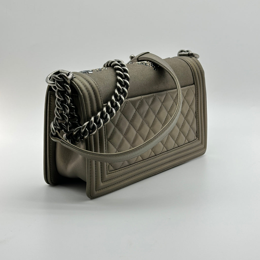 Chanel BOY CHANEL 25 Lambskin x rhinestone Chain Shoulder Bag Brown Gunmetal Fittings 23082107 23XXXXXX A67086