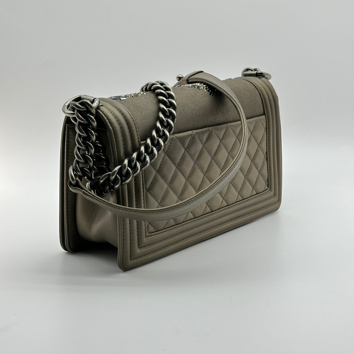 Chanel BOY CHANEL 25 Lambskin x rhinestone Chain Shoulder Bag Brown Gunmetal Fittings 23082107 23XXXXXX A67086