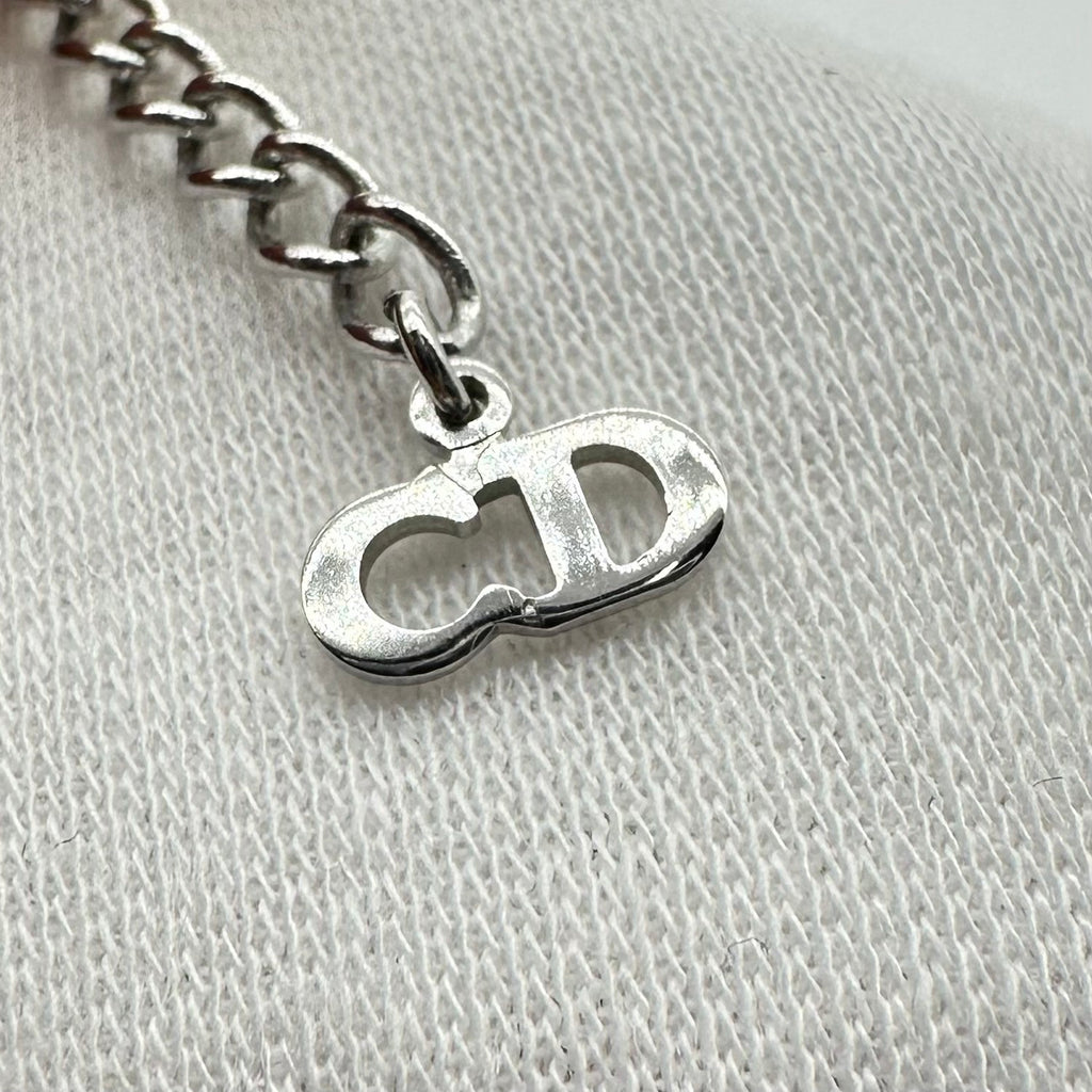 Christian Dior Logo Plate Necklace Silver Tone