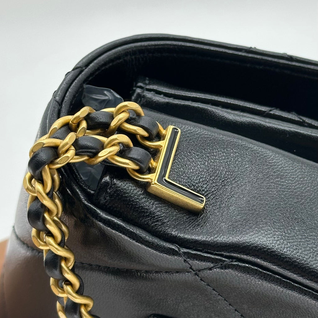 Chanel 24S Lambskin Double Chain Square Flap Bag Enamel Coco Logo Black Gold Hardware RFID